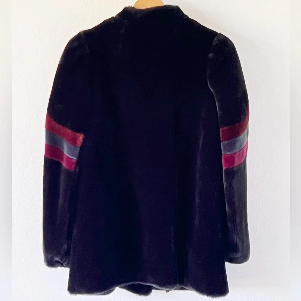 Vintage 80s Black Faux Fur Teddy Coat Colorblock Stripe Size Medium - Picture 6 of 12